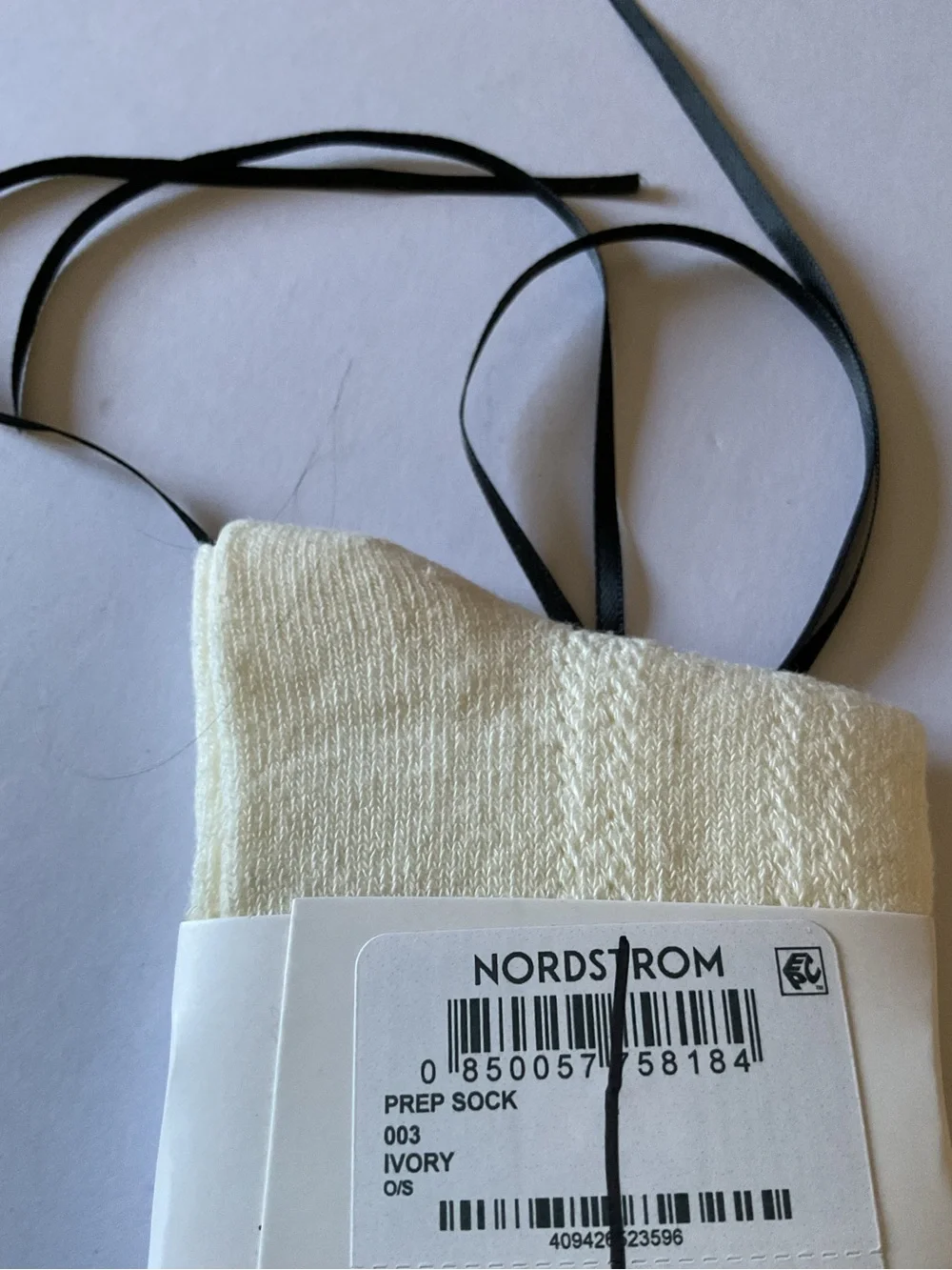 CASA CLARA WOMENS PREP SOCK IVORY WITH BLACK RIBBONS OS NWT